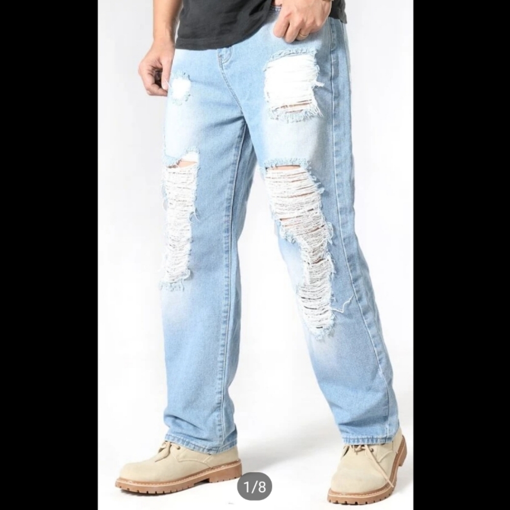 Men Ripped Straight Leg Jeans
